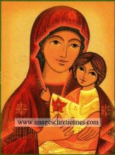 icône représentant Marie et Jésus offrant une petite fleur rouge